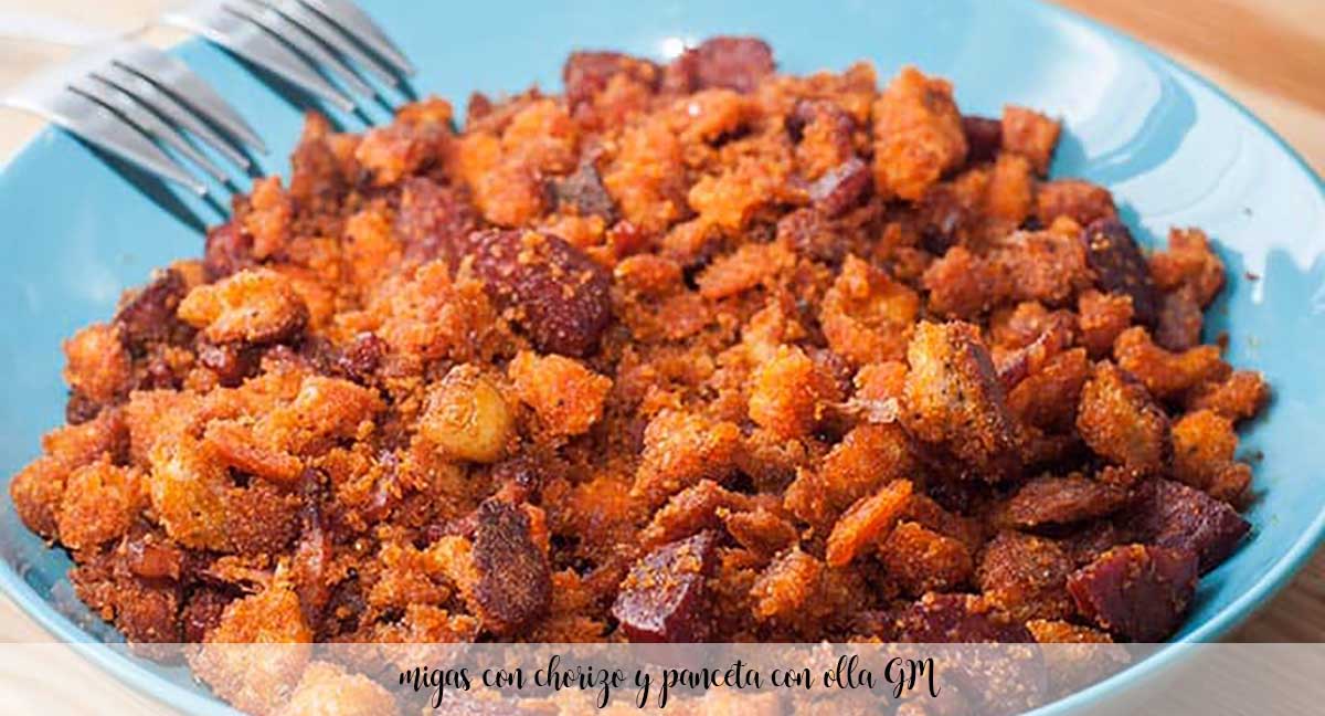 Migas con chorizo y panceta con olla GM